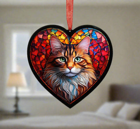 Maine Coon Cat Stained Glass Effect Heart Suncatcher